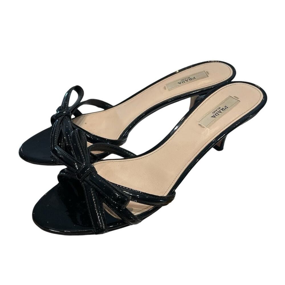 Prada Black Patent Leather Kitten Heel Sandals with Bow